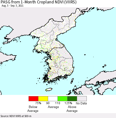 Korea PASG from 1-Month Cropland NDVI (VIIRS) Thematic Map For 8/29/2021 - 9/5/2021