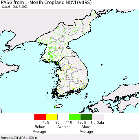 Korea PASG from 1-Month Cropland NDVI (VIIRS) Thematic Map For 9/30/2021 - 10/7/2021