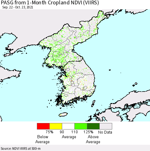 Korea PASG from 1-Month Cropland NDVI (VIIRS) Thematic Map For 10/16/2021 - 10/23/2021