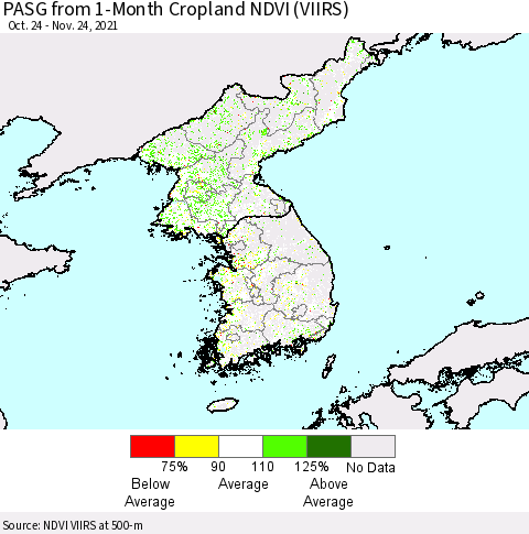 Korea PASG from 1-Month Cropland NDVI (VIIRS) Thematic Map For 11/17/2021 - 11/24/2021