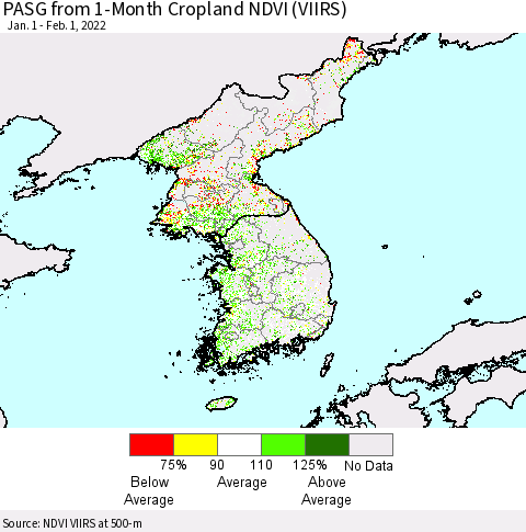 Korea PASG from 1-Month Cropland NDVI (VIIRS) Thematic Map For 1/25/2022 - 2/1/2022