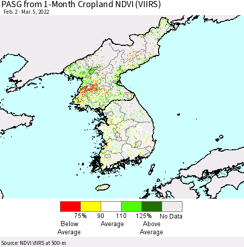 Korea PASG from 1-Month Cropland NDVI (VIIRS) Thematic Map For 2/26/2022 - 3/5/2022