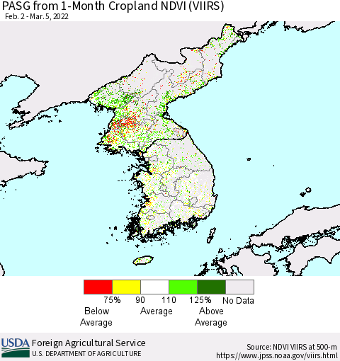 Korea PASG from 1-Month Cropland NDVI (VIIRS) Thematic Map For 3/1/2022 - 3/10/2022
