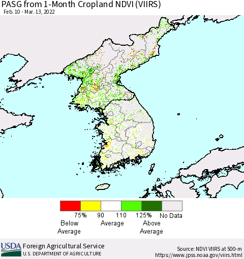Korea PASG from 1-Month Cropland NDVI (VIIRS) Thematic Map For 3/11/2022 - 3/20/2022
