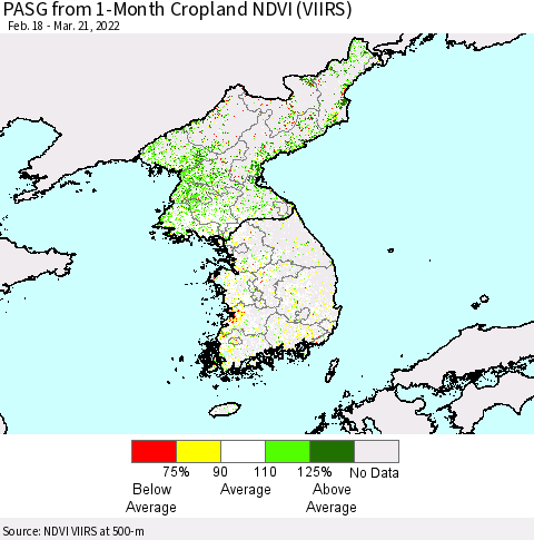 Korea PASG from 1-Month Cropland NDVI (VIIRS) Thematic Map For 3/14/2022 - 3/21/2022