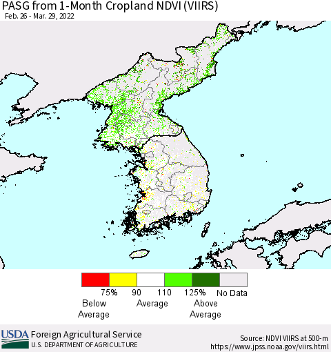 Korea PASG from 1-Month Cropland NDVI (VIIRS) Thematic Map For 3/21/2022 - 3/31/2022