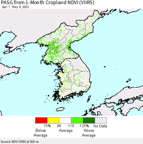 Korea PASG from 1-Month Cropland NDVI (VIIRS) Thematic Map For 5/1/2022 - 5/8/2022