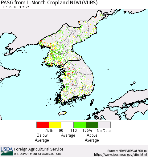Korea PASG from 1-Month Cropland NDVI (VIIRS) Thematic Map For 7/1/2022 - 7/10/2022