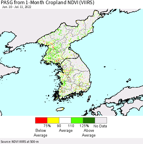 Korea PASG from 1-Month Cropland NDVI (VIIRS) Thematic Map For 7/4/2022 - 7/11/2022