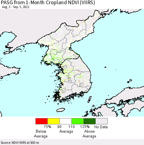 Korea PASG from 1-Month Cropland NDVI (VIIRS) Thematic Map For 8/29/2022 - 9/5/2022