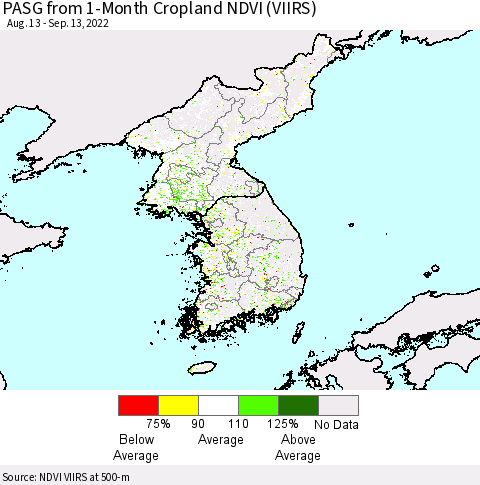 Korea PASG from 1-Month Cropland NDVI (VIIRS) Thematic Map For 9/6/2022 - 9/13/2022