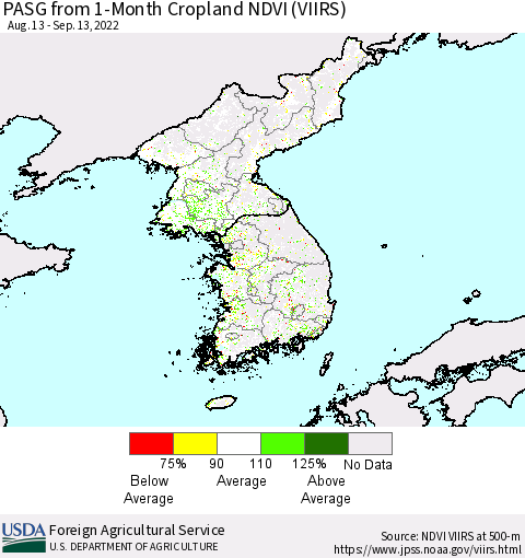 Korea PASG from 1-Month Cropland NDVI (VIIRS) Thematic Map For 9/11/2022 - 9/20/2022
