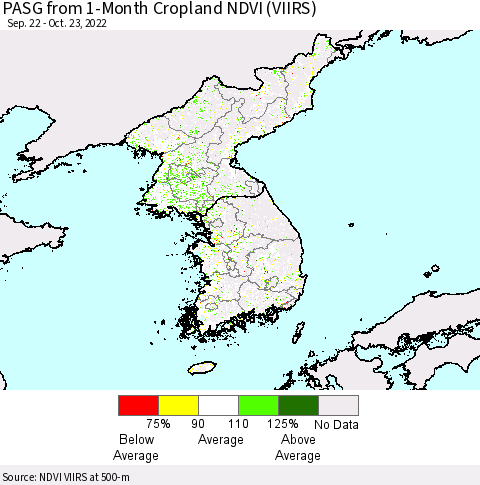 Korea PASG from 1-Month Cropland NDVI (VIIRS) Thematic Map For 10/16/2022 - 10/23/2022