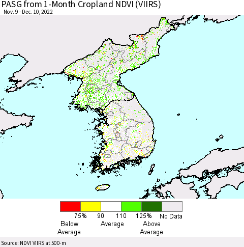 Korea PASG from 1-Month Cropland NDVI (VIIRS) Thematic Map For 12/1/2022 - 12/10/2022