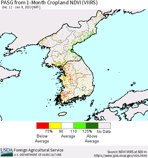 Korea PASG from 1-Month Cropland NDVI (VIIRS) Thematic Map For 1/1/2023 - 1/10/2023
