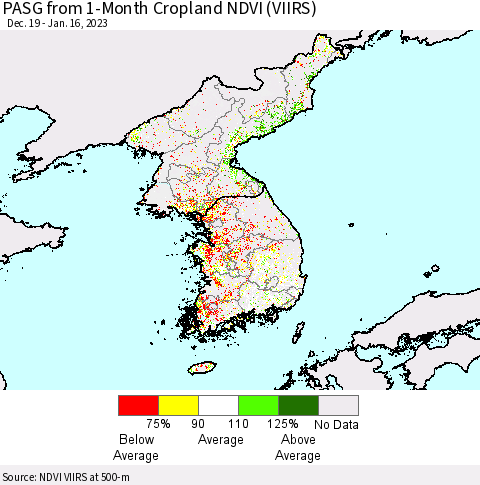 Korea PASG from 1-Month Cropland NDVI (VIIRS) Thematic Map For 1/9/2023 - 1/16/2023