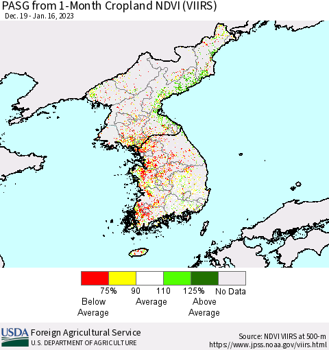 Korea PASG from 1-Month Cropland NDVI (VIIRS) Thematic Map For 1/11/2023 - 1/20/2023