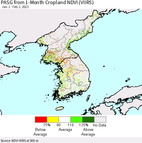 Korea PASG from 1-Month Cropland NDVI (VIIRS) Thematic Map For 1/25/2023 - 2/1/2023