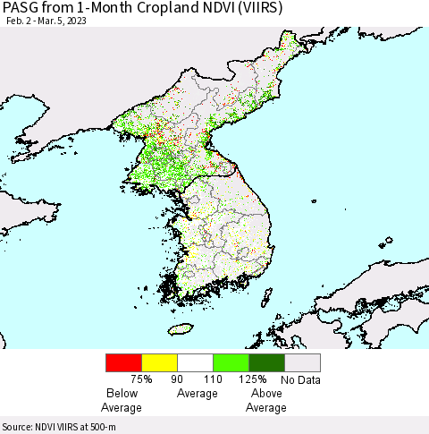 Korea PASG from 1-Month Cropland NDVI (VIIRS) Thematic Map For 2/26/2023 - 3/5/2023