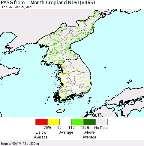 Korea PASG from 1-Month Cropland NDVI (VIIRS) Thematic Map For 3/22/2023 - 3/29/2023