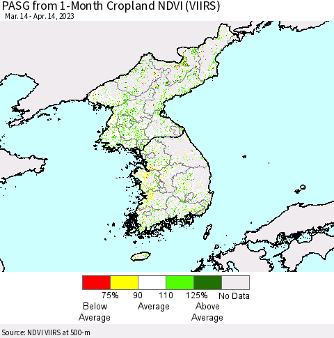 Korea PASG from 1-Month Cropland NDVI (VIIRS) Thematic Map For 4/7/2023 - 4/14/2023