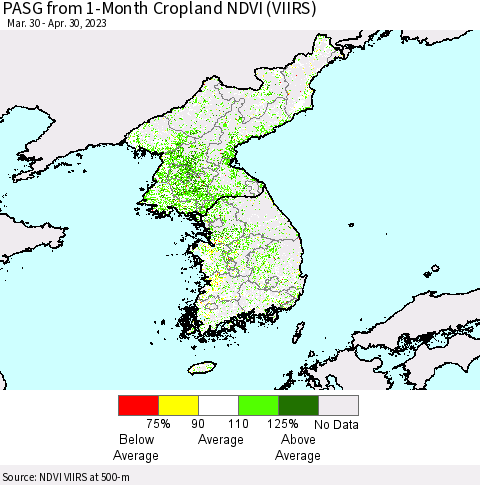 Korea PASG from 1-Month Cropland NDVI (VIIRS) Thematic Map For 4/21/2023 - 4/30/2023