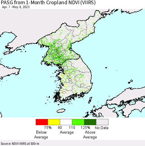 Korea PASG from 1-Month Cropland NDVI (VIIRS) Thematic Map For 5/1/2023 - 5/8/2023
