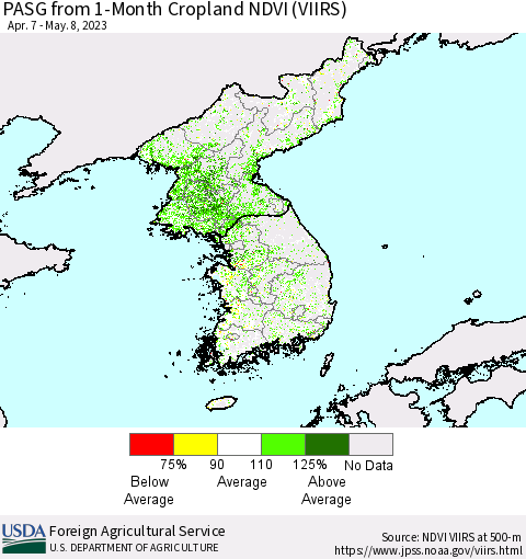 Korea PASG from 1-Month Cropland NDVI (VIIRS) Thematic Map For 5/1/2023 - 5/10/2023