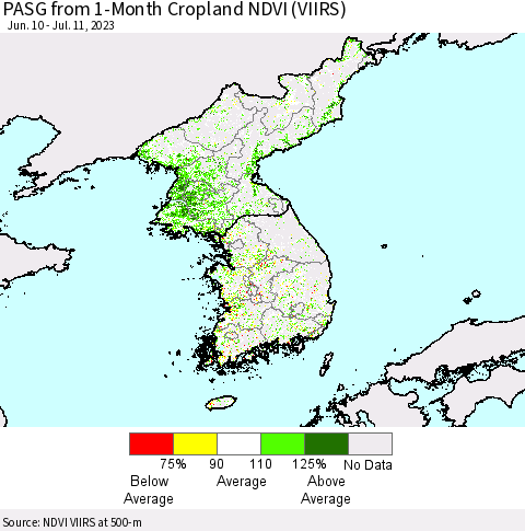 Korea PASG from 1-Month Cropland NDVI (VIIRS) Thematic Map For 7/4/2023 - 7/11/2023
