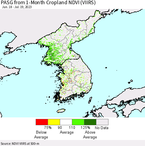 Korea PASG from 1-Month Cropland NDVI (VIIRS) Thematic Map For 7/12/2023 - 7/19/2023