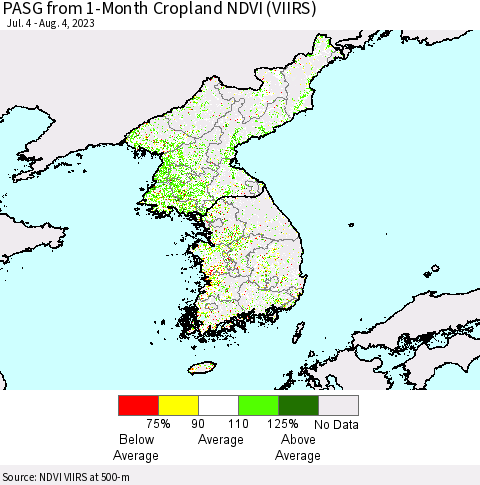 Korea PASG from 1-Month Cropland NDVI (VIIRS) Thematic Map For 7/28/2023 - 8/4/2023
