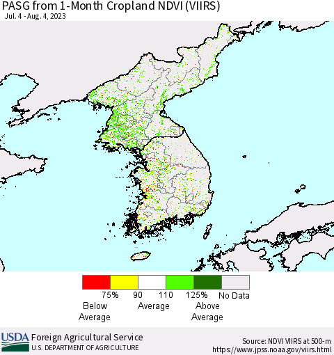 Korea PASG from 1-Month Cropland NDVI (VIIRS) Thematic Map For 8/1/2023 - 8/10/2023