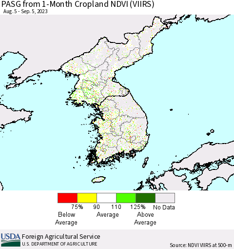 Korea PASG from 1-Month Cropland NDVI (VIIRS) Thematic Map For 9/1/2023 - 9/10/2023