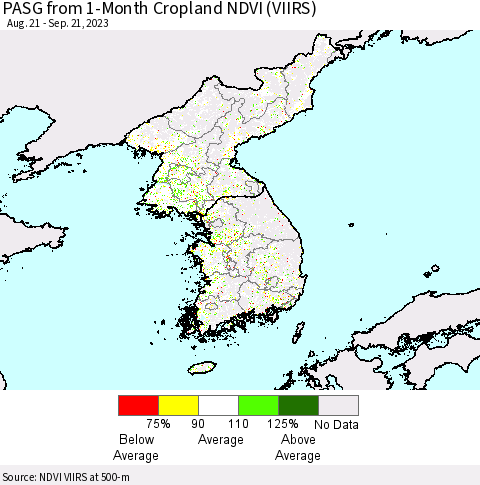 Korea PASG from 1-Month Cropland NDVI (VIIRS) Thematic Map For 9/14/2023 - 9/21/2023