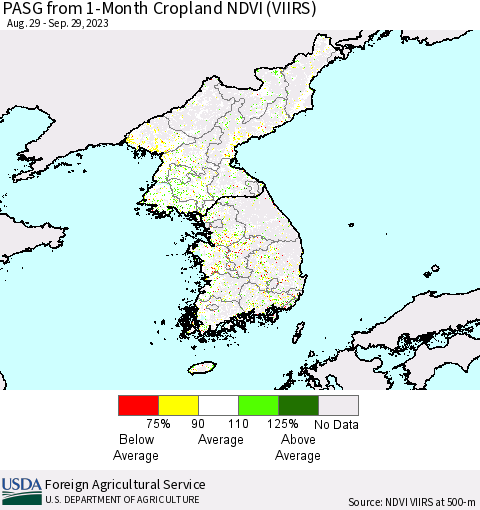 Korea PASG from 1-Month Cropland NDVI (VIIRS) Thematic Map For 9/21/2023 - 9/30/2023