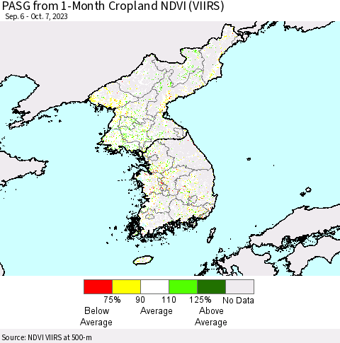 Korea PASG from 1-Month Cropland NDVI (VIIRS) Thematic Map For 9/30/2023 - 10/7/2023