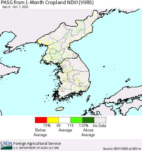 Korea PASG from 1-Month Cropland NDVI (VIIRS) Thematic Map For 10/1/2023 - 10/10/2023