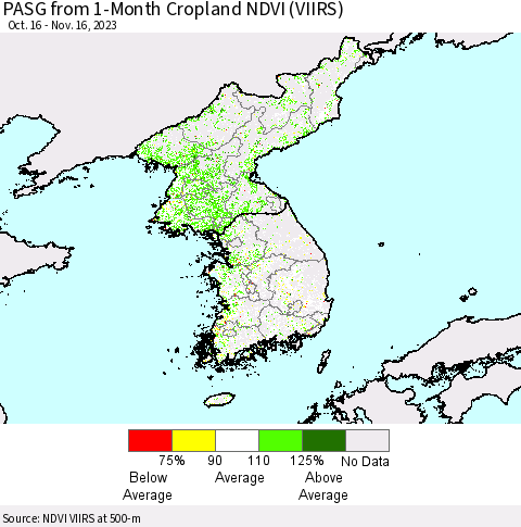 Korea PASG from 1-Month Cropland NDVI (VIIRS) Thematic Map For 11/9/2023 - 11/16/2023