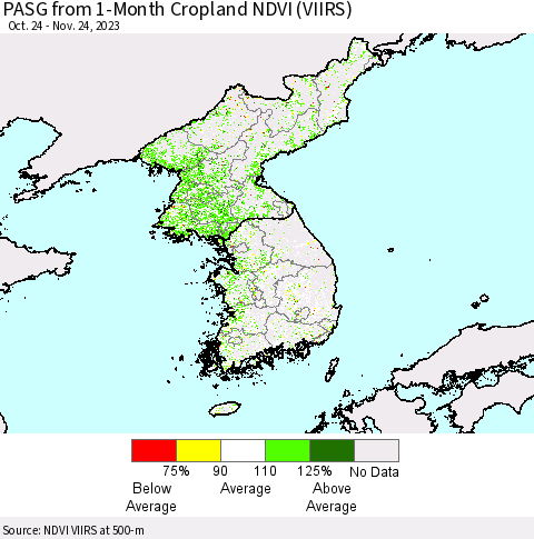 Korea PASG from 1-Month Cropland NDVI (VIIRS) Thematic Map For 11/17/2023 - 11/24/2023
