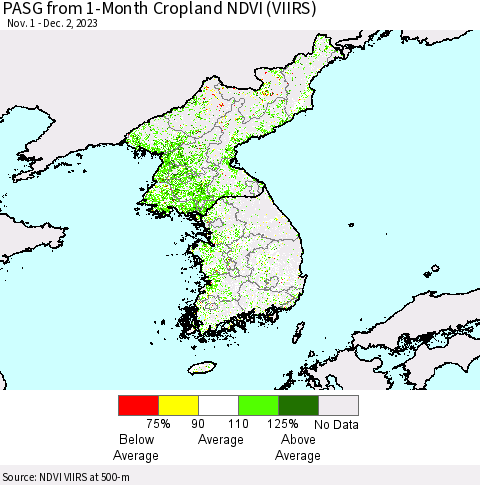 Korea PASG from 1-Month Cropland NDVI (VIIRS) Thematic Map For 11/25/2023 - 12/2/2023