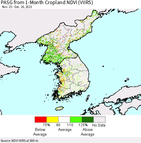 Korea PASG from 1-Month Cropland NDVI (VIIRS) Thematic Map For 12/19/2023 - 12/26/2023