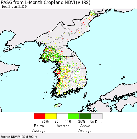 Korea PASG from 1-Month Cropland NDVI (VIIRS) Thematic Map For 12/27/2023 - 1/3/2024