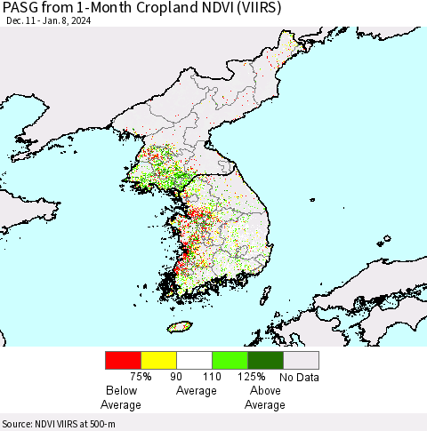 Korea PASG from 1-Month Cropland NDVI (VIIRS) Thematic Map For 1/1/2024 - 1/8/2024