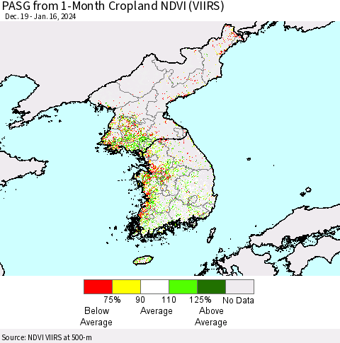 Korea PASG from 1-Month Cropland NDVI (VIIRS) Thematic Map For 1/9/2024 - 1/16/2024