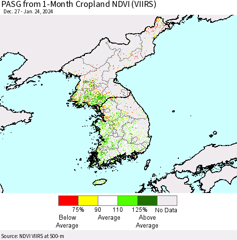 Korea PASG from 1-Month Cropland NDVI (VIIRS) Thematic Map For 1/17/2024 - 1/24/2024