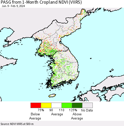 Korea PASG from 1-Month Cropland NDVI (VIIRS) Thematic Map For 2/2/2024 - 2/9/2024