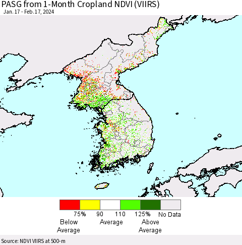 Korea PASG from 1-Month Cropland NDVI (VIIRS) Thematic Map For 2/10/2024 - 2/17/2024