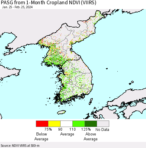 Korea PASG from 1-Month Cropland NDVI (VIIRS) Thematic Map For 2/18/2024 - 2/25/2024