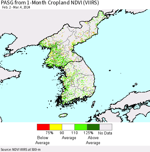 Korea PASG from 1-Month Cropland NDVI (VIIRS) Thematic Map For 2/26/2024 - 3/4/2024