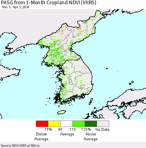 Korea PASG from 1-Month Cropland NDVI (VIIRS) Thematic Map For 3/29/2024 - 4/5/2024